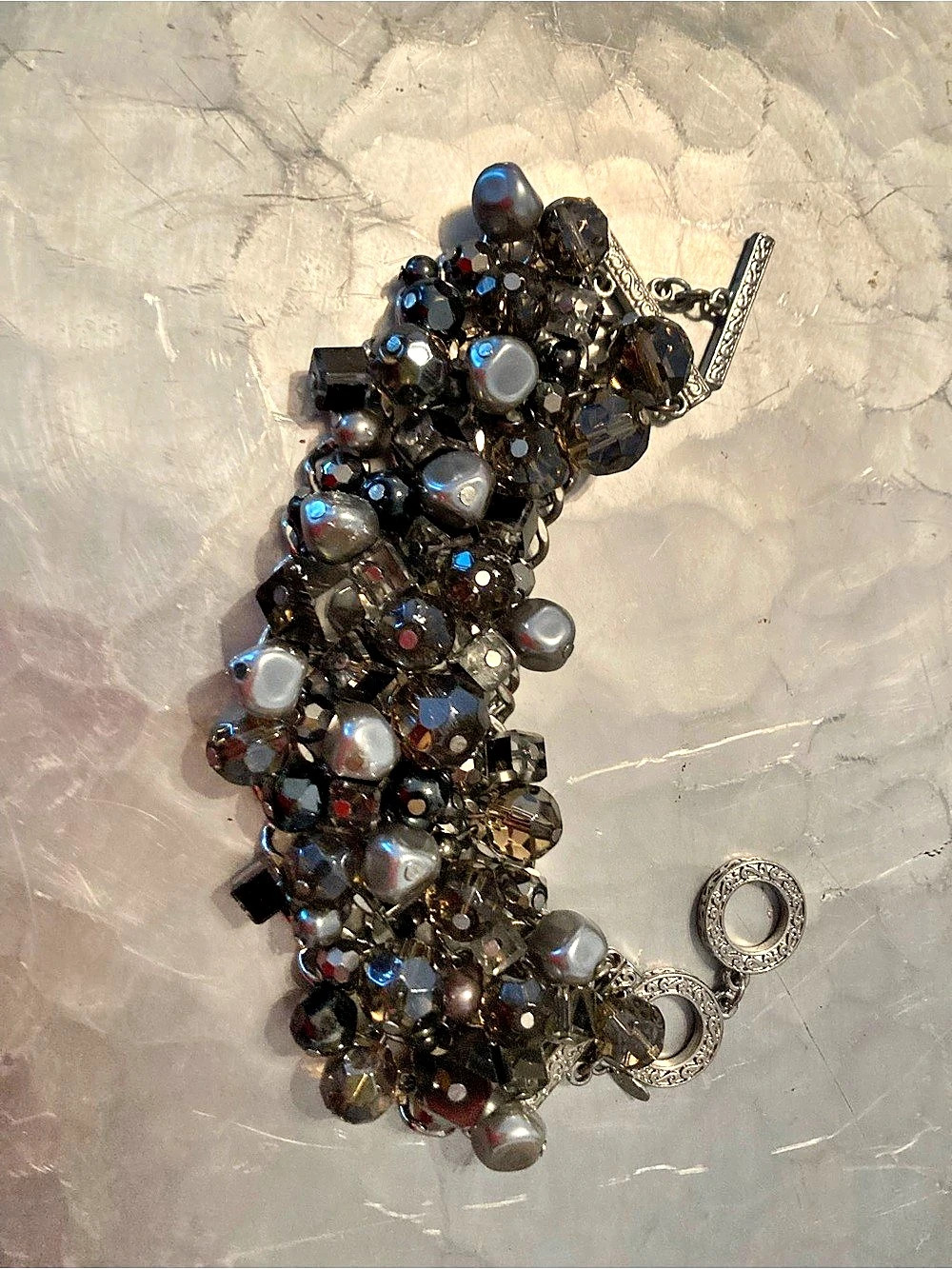 Beaded Toggle Bracelet in Black & Silver Like New